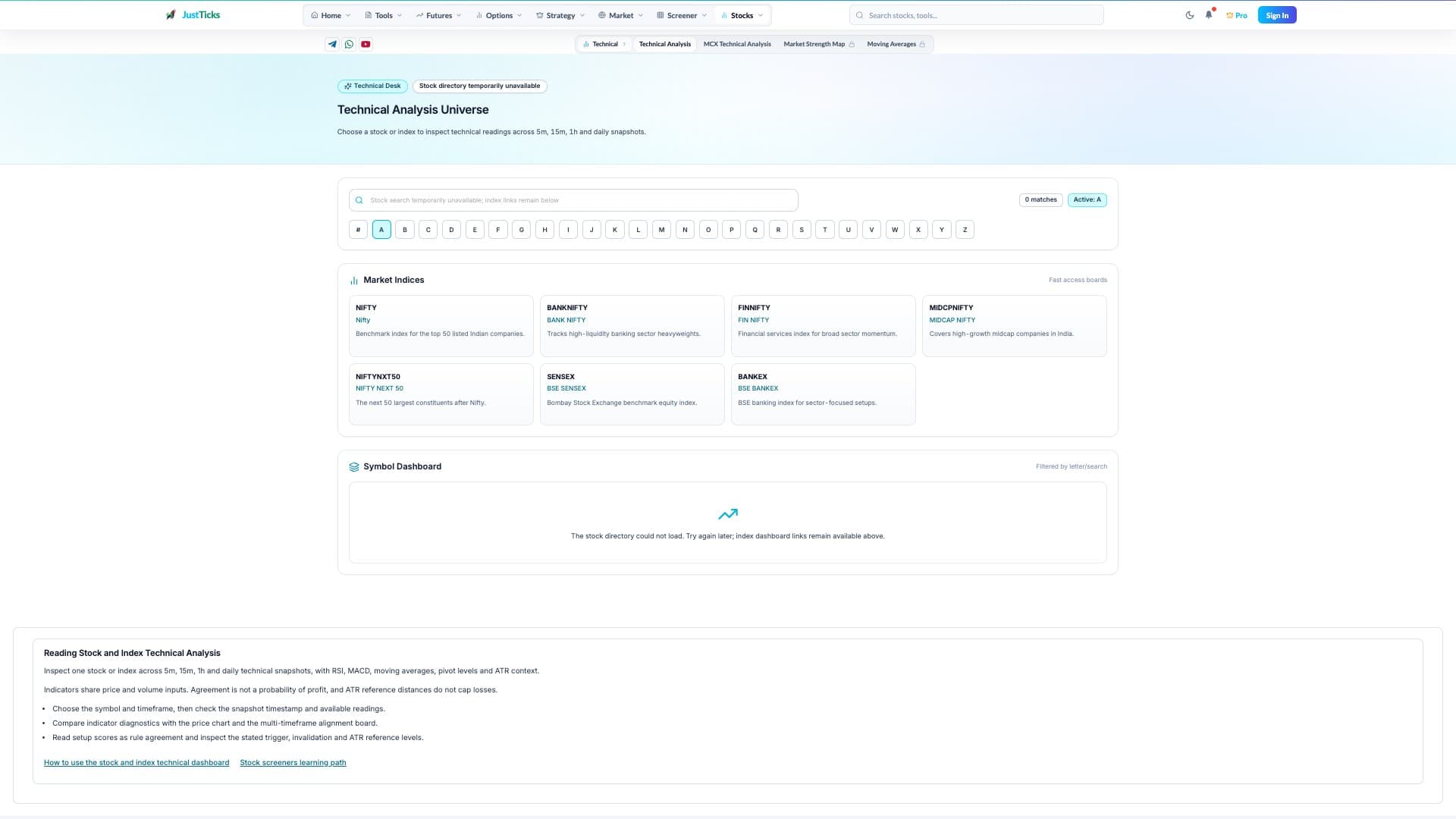 Technical Analysis directory with index dashboard links and stock search