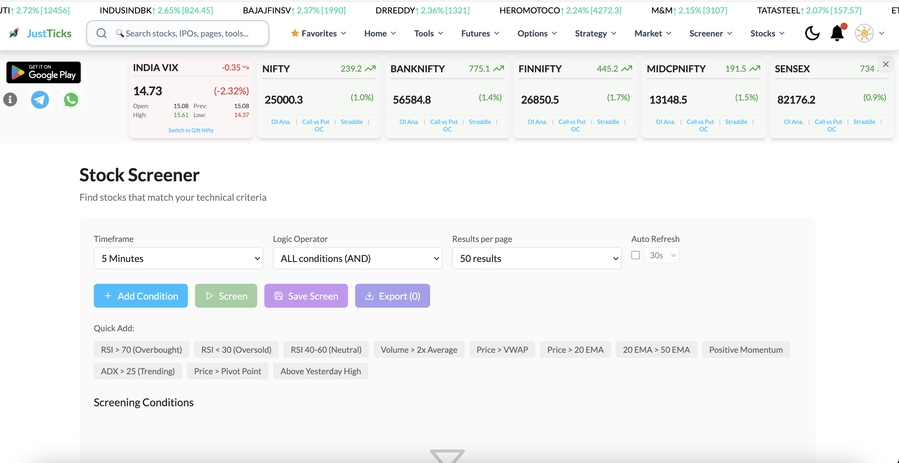 Technical Stock Screener with timeframe, AND logic, add condition, run screen, save and export controls.